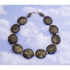 Vintage Gothic Green Black Beaded Necklace 17 Inches - S8